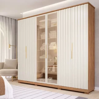 ROUPEIRO LA BELLE 6 PORTAS REFLECTA COM KIT 8 PES RETANGULAR MENOR CINAMOMO/OFF WHITE