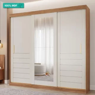 ROUPEIRO CECILIA 3 PORTAS SLIDE COM KIT 2 ESPELHOS E KIT 8 PES RETANGULAR MENOR CINAMOMO/OFF WHITE