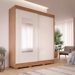 ROUPEIRO ILHEUS 2 PORTAS SLIDE COM KIT ESPELHO CINAMOMO/OFF WHITE